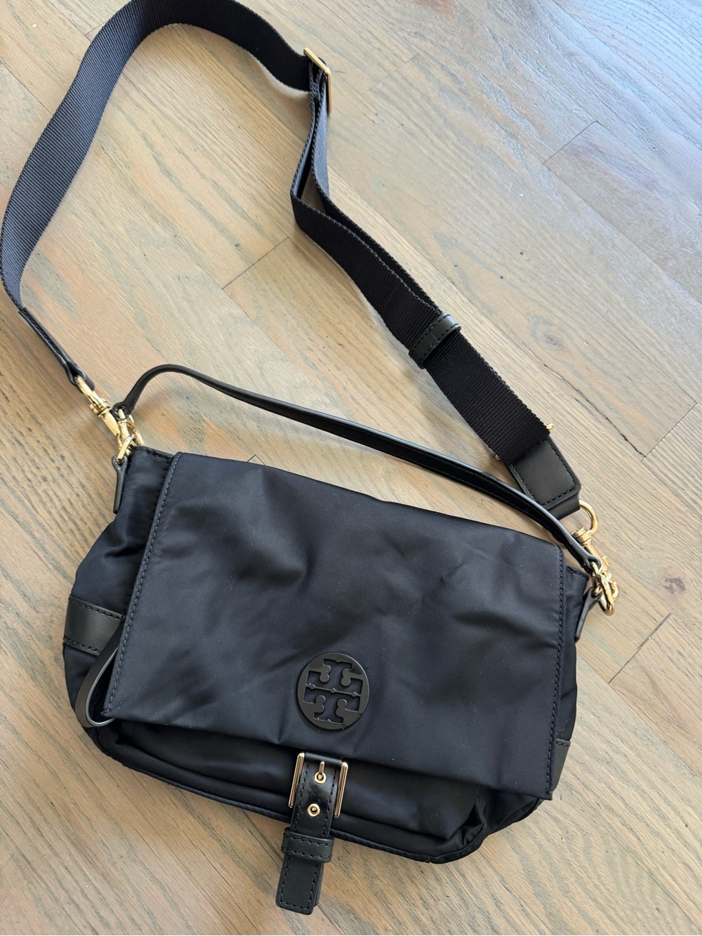 Tory Burch Black Nylon Flap Crossbody with Gold Hardware